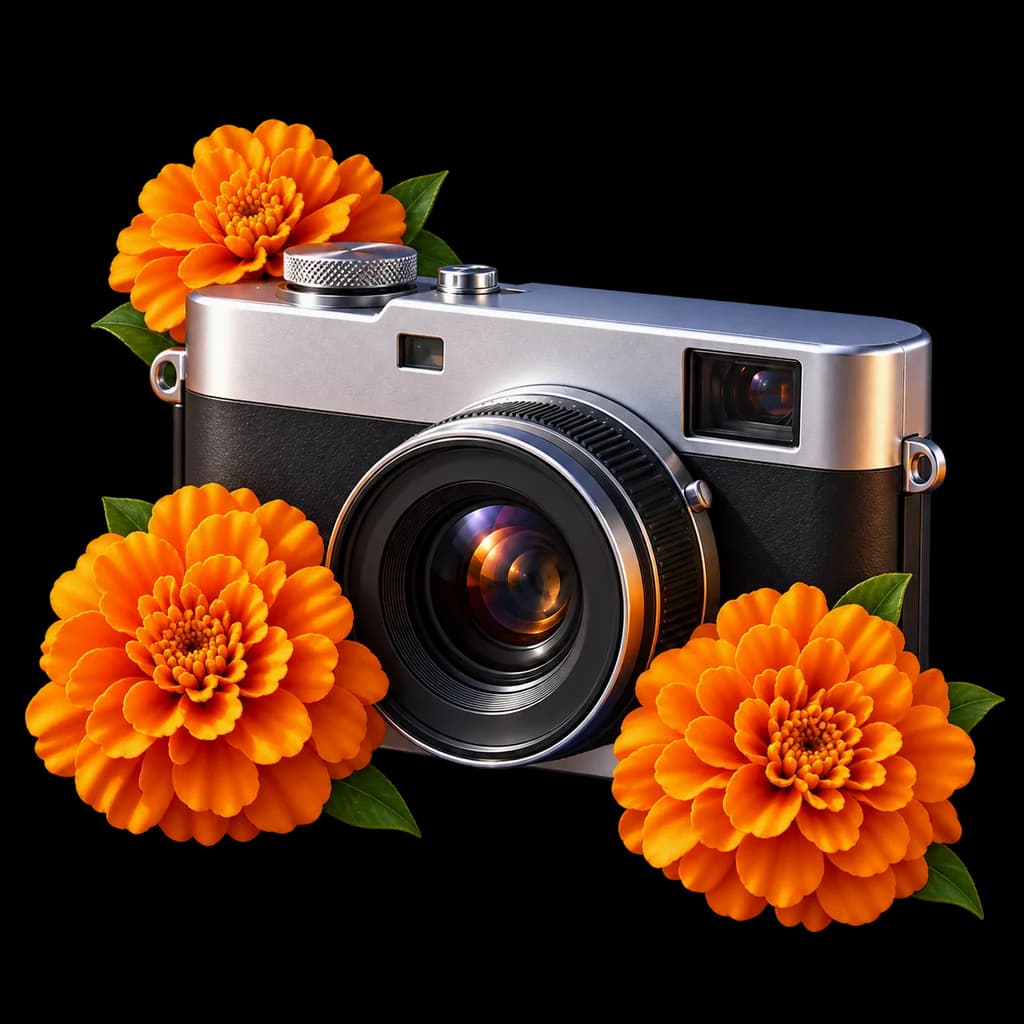 Freigestellte silber-schwarze Retro-Kamera mit orangefarbenen Blüten