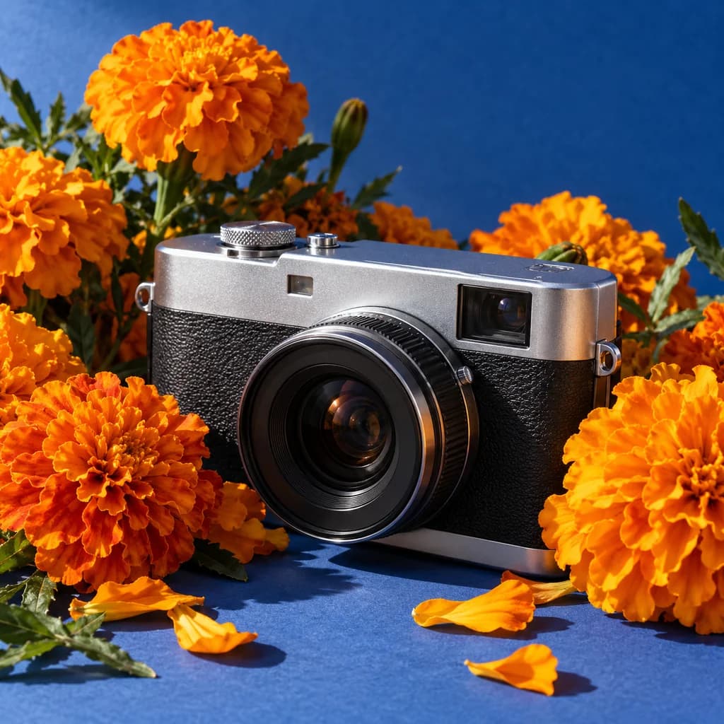 Silber-schwarze Retro-Kamera zwischen orangefarbenen Blüten als fotografisches Beispiel