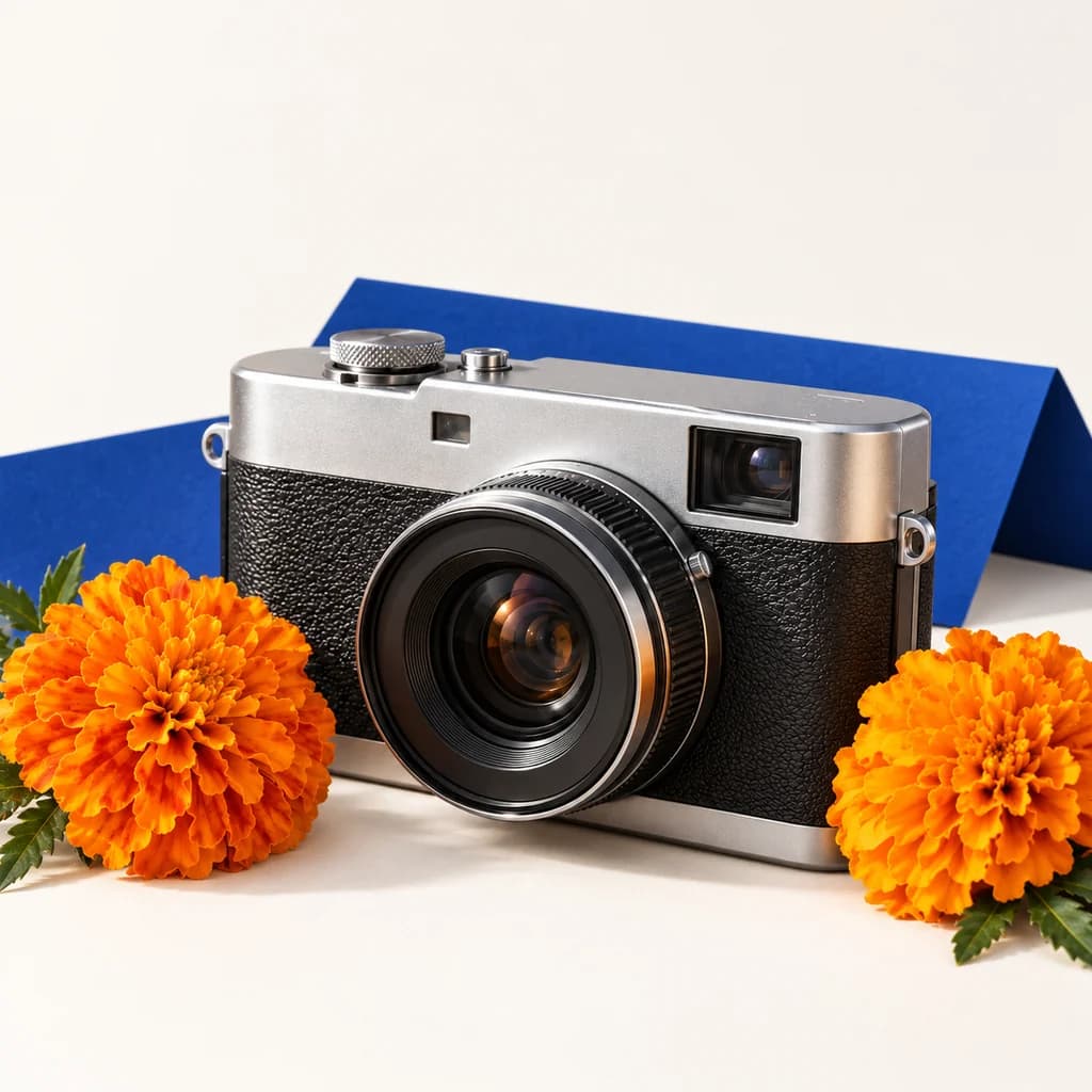 Silber-schwarze Retro-Kamera auf hellem Hintergrund mit blauem Papier