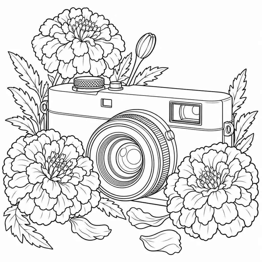 Schwarzweiße Malvorlage einer Retro-Kamera zwischen großen Blumen