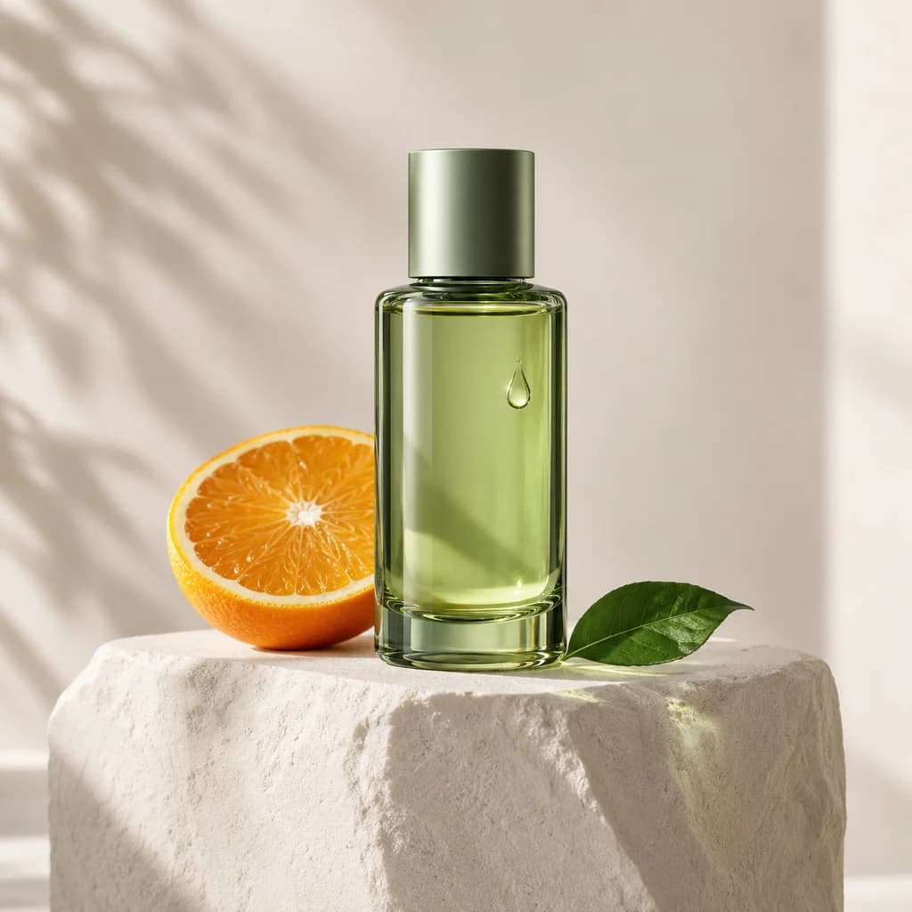 Grüne Glasflasche mit Orangenscheibe auf einem hellen Sockel