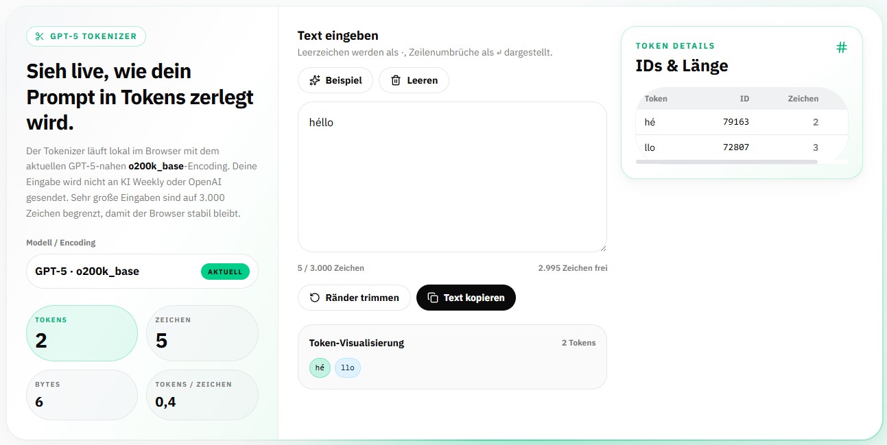 GPT-5-Tokenizer von KI Weekly: Die Schreibweise mit Akzent „héllo“ wird in 2 Tokens zerlegt – „hé“ plus „llo“