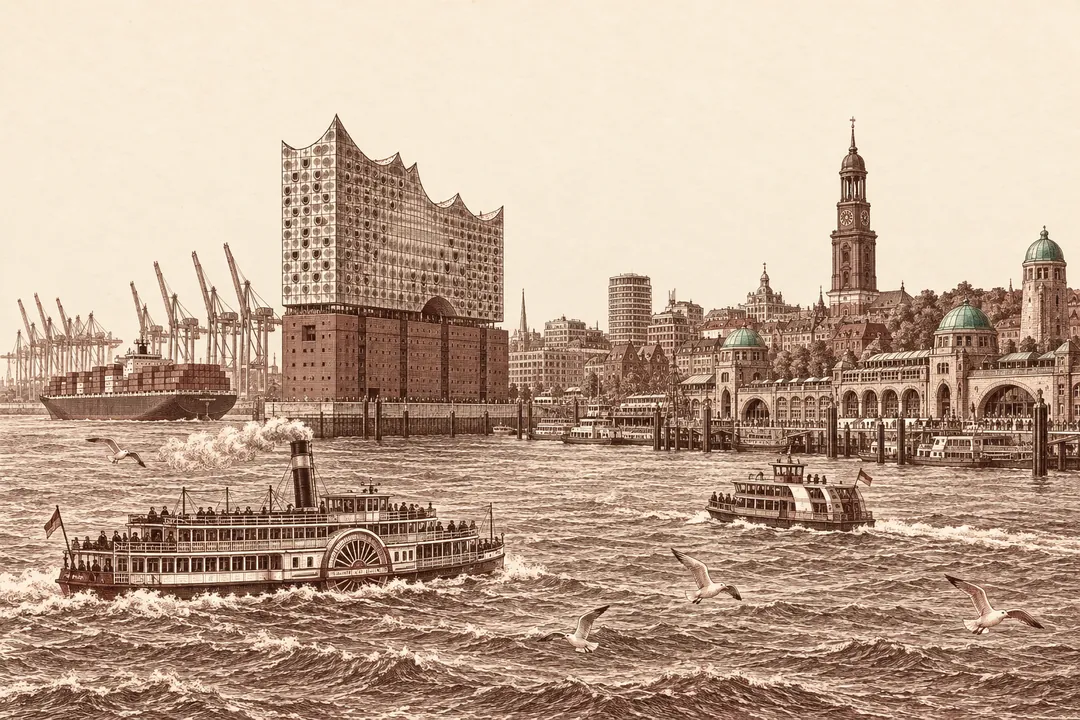 Städte in Kupfer: Hamburg – KI-generiert mit GPT Image 2.5 Sunburst